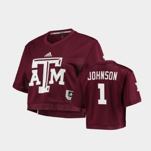 Women's Texas A&M Aggies #1 Buddy Johnson Maroon V-Neck Cropped Primegreen Jersey 388822-655
